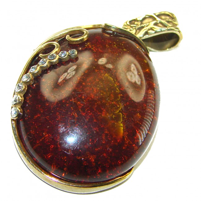 Best quality Large Cognac Baltic Amber white Crystals 14K Gold over .925 Sterling Silver handmade Pendant - photo 2