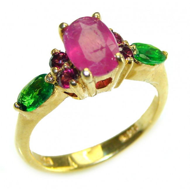Authentic 3.3 carat Ruby Emerald 14K Gold over .925 Sterling Silver handmade Cocktail Ring s. 5 3/4
