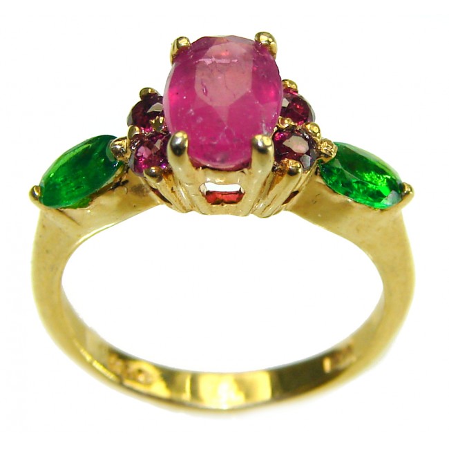 Authentic 3.3 carat Ruby Emerald 14K Gold over .925 Sterling Silver handmade Cocktail Ring s. 5 3/4