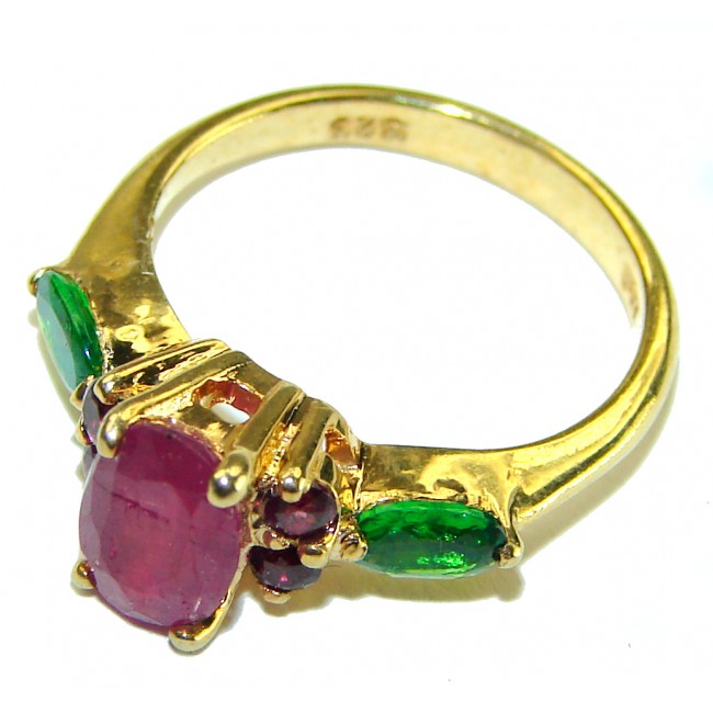 Authentic 3.3 carat Ruby Emerald 14K Gold over .925 Sterling Silver handmade Cocktail Ring s. 5 3/4