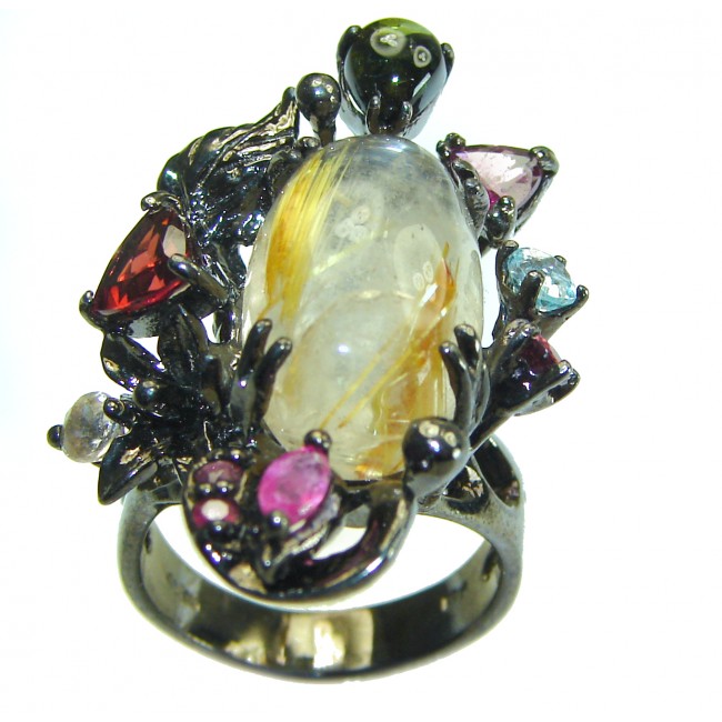 Pure Magic Best quality 9.5 carat Golden Rutilated Quartz black rhodium over .925 Sterling Silver handcrafted Ring Size 7 - photo 4