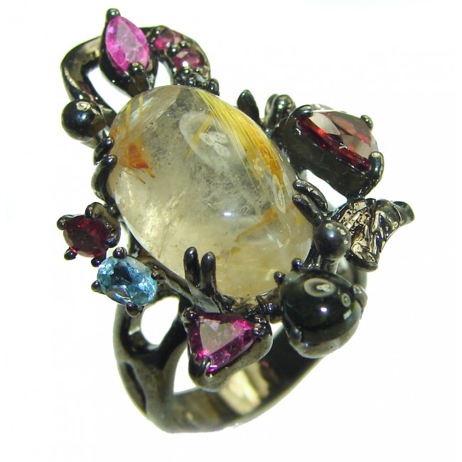 Pure Magic Best quality 9.5 carat Golden Rutilated Quartz black rhodium over .925 Sterling Silver handcrafted Ring Size 7 - photo 3
