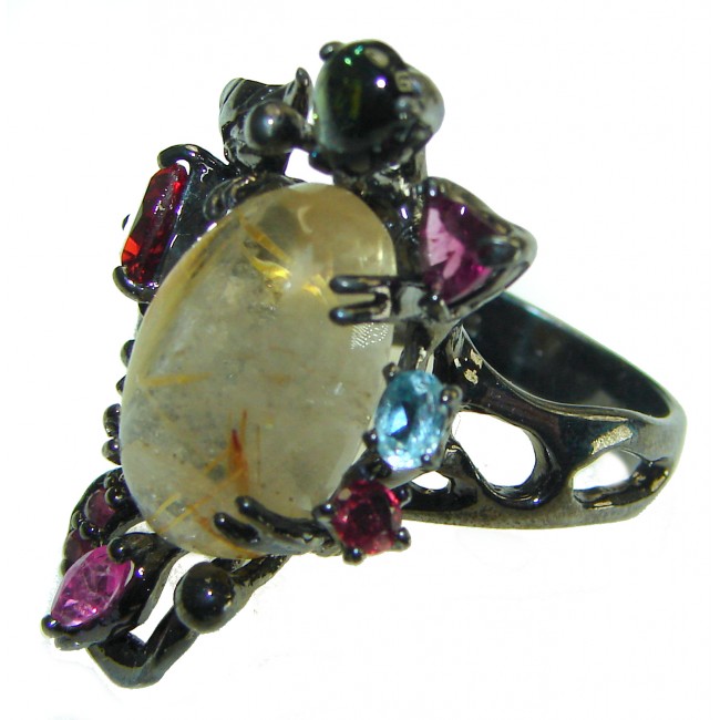 Pure Magic Best quality 9.5 carat Golden Rutilated Quartz black rhodium over .925 Sterling Silver handcrafted Ring Size 7 - photo 2