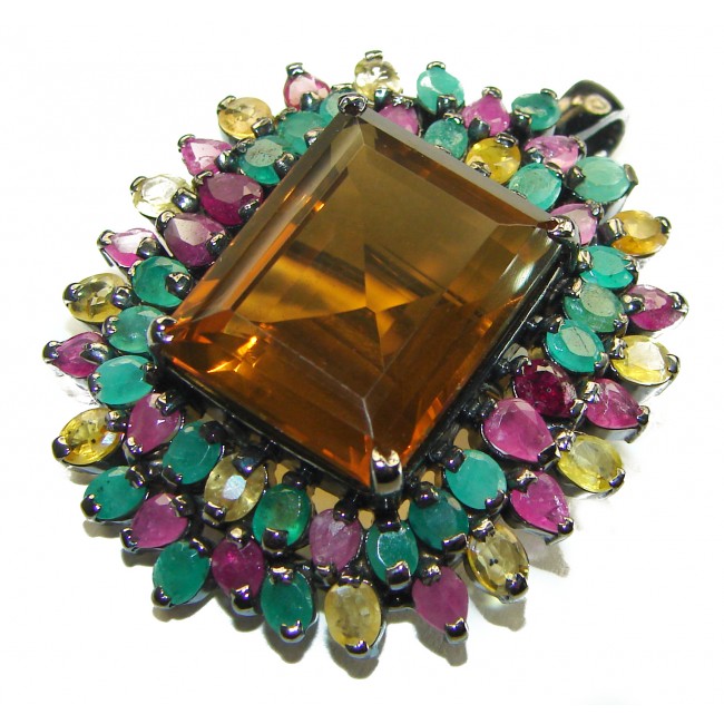 Luxurious 48.5 carat Fancy Smoky Topaz Multicolored Sapphire black rhodium over .925 Sterling Silver handmade Large Pendant - Brooch - photo 4