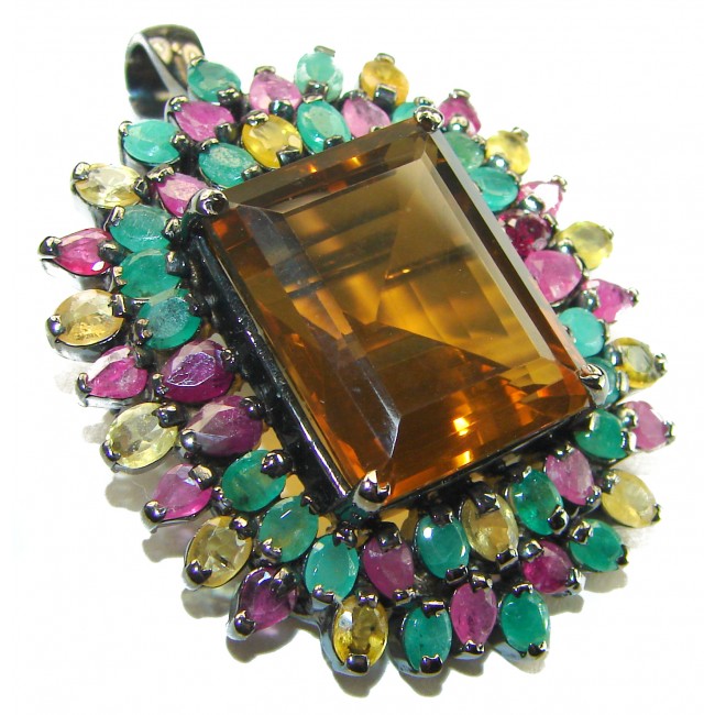 Luxurious 48.5 carat Fancy Smoky Topaz Multicolored Sapphire black rhodium over .925 Sterling Silver handmade Large Pendant - Brooch - photo 3