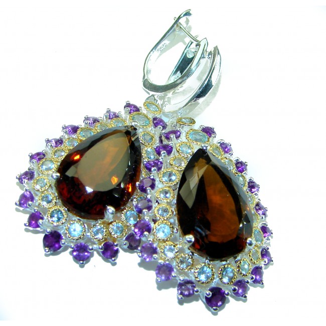 Alessandra pear cut 22.5 carat Champagne Smoky Topaz 14K Gold over .925 Sterling Silver handmade Earrings - photo 4