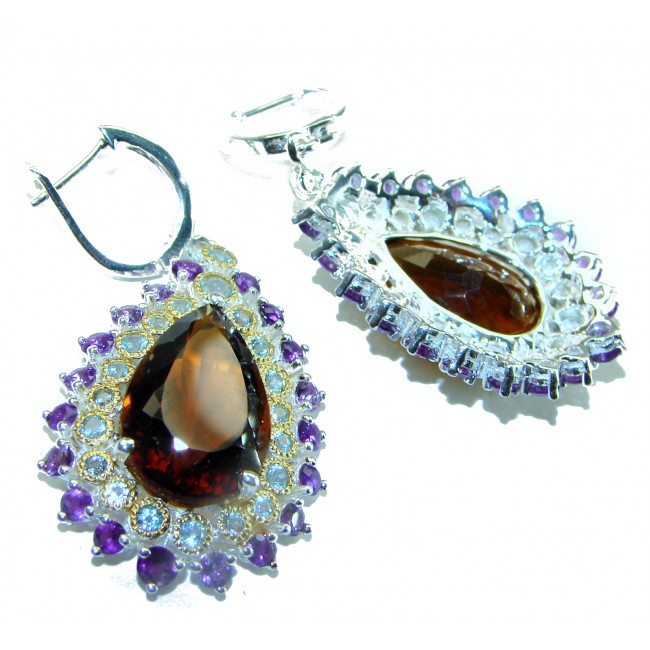 Alessandra pear cut 22.5 carat Champagne Smoky Topaz 14K Gold over .925 Sterling Silver handmade Earrings - photo 2