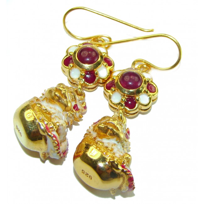Golden Chipmunks Genuine Ruby Enamel 14K Gold over .925 Sterling Silver handcrafted Earrings