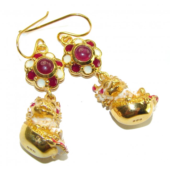 Golden Chipmunks Genuine Ruby Enamel 14K Gold over .925 Sterling Silver handcrafted Earrings