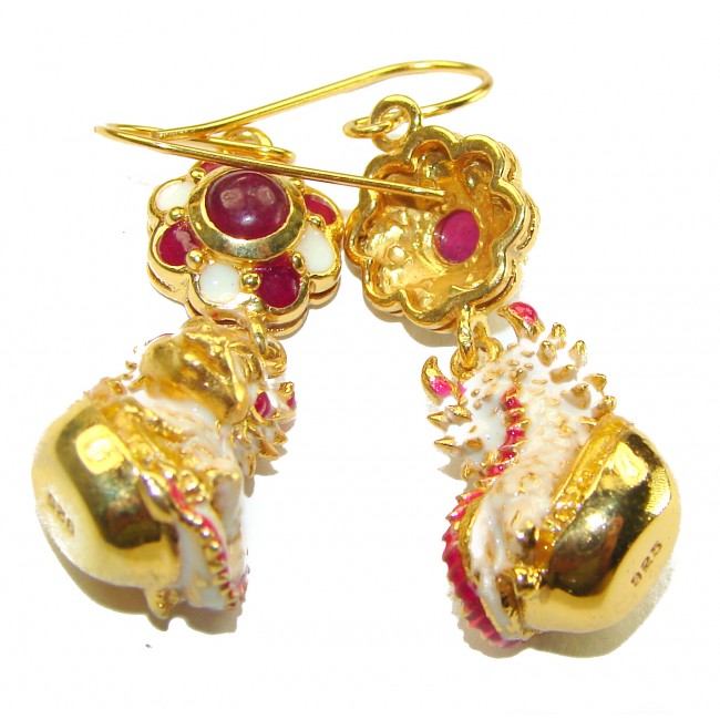 Golden Chipmunks Genuine Ruby Enamel 14K Gold over .925 Sterling Silver handcrafted Earrings