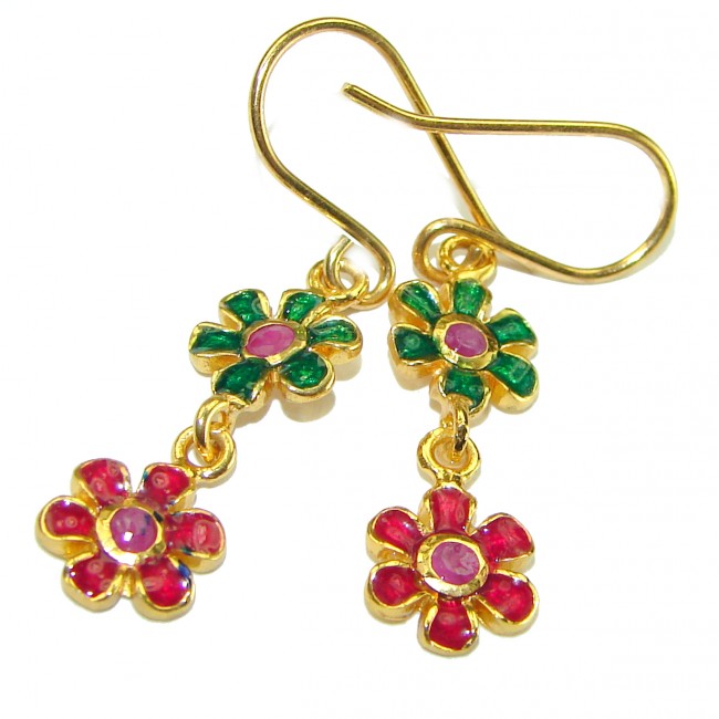 Golden Flowers Genuine Ruby Enamel 14K Gold over .925 Sterling Silver handcrafted Earrings
