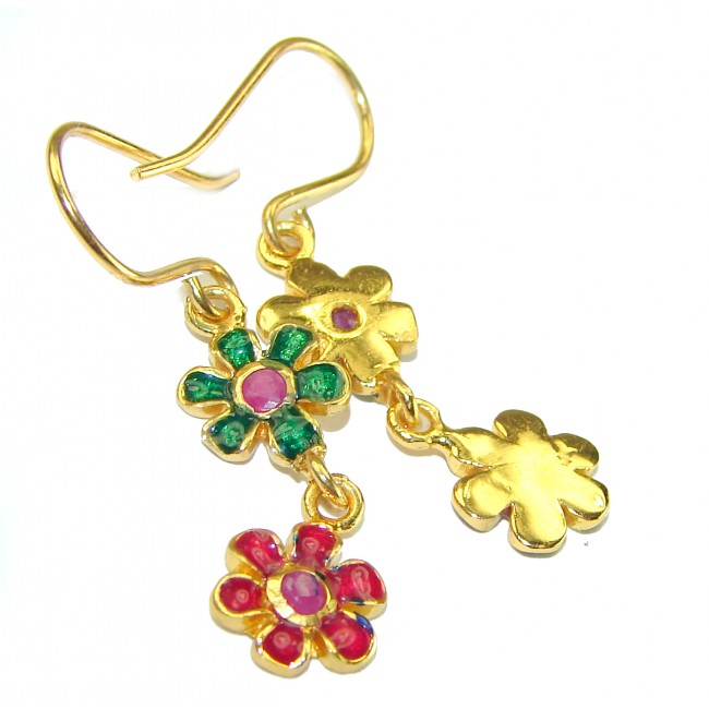 Golden Flowers Genuine Ruby Enamel 14K Gold over .925 Sterling Silver handcrafted Earrings