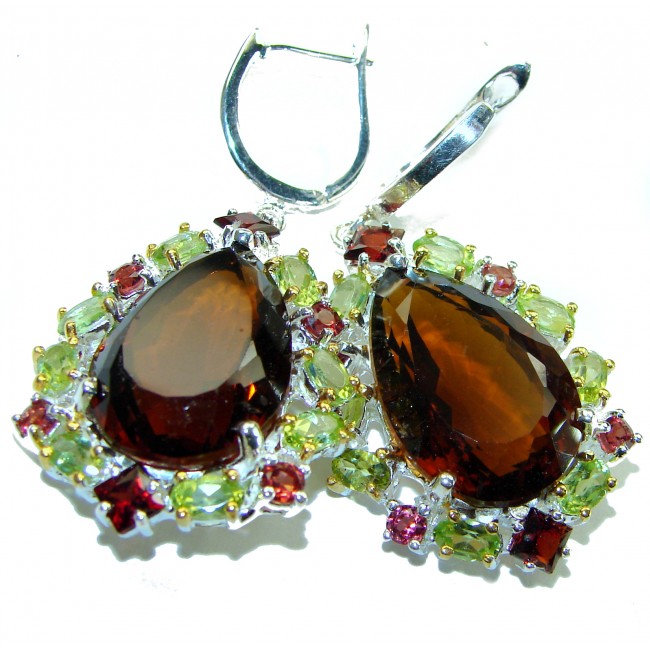 Alessandra pear cut 22.5 carat Champagne Smoky Topaz 14K Gold over .925 Sterling Silver handmade Earrings - photo 2