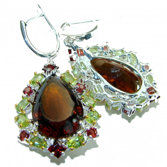 Alessandra pear cut 22.5 carat Champagne Smoky Topaz 14K Gold over .925 Sterling Silver handmade Earrings - photo 1