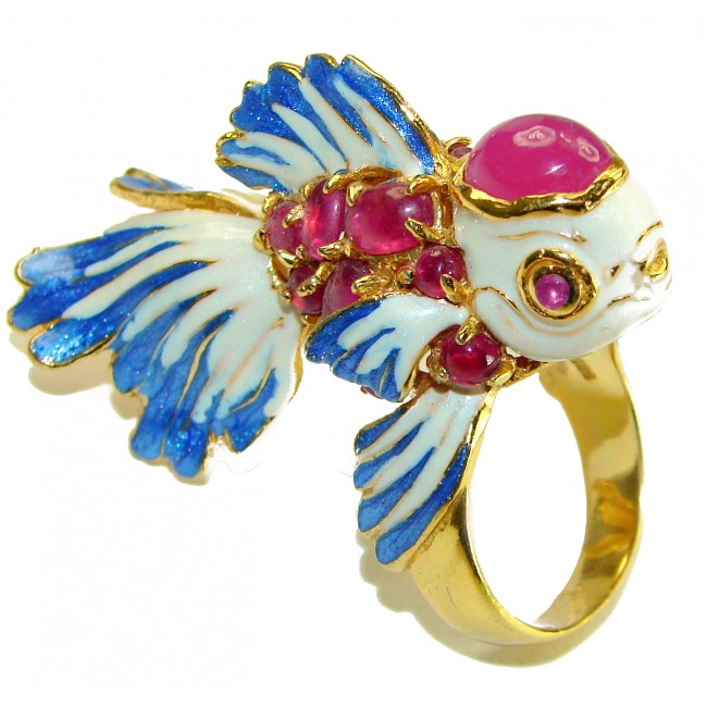 Lucky Fish Enamel Ruby 18K Gold over .925 Sterling Silver Huge handcrafted Ring s. 8 1/4 - photo 5