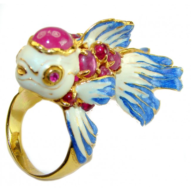 Lucky Fish Enamel Ruby 18K Gold over .925 Sterling Silver Huge handcrafted Ring s. 8 1/4 - photo 4