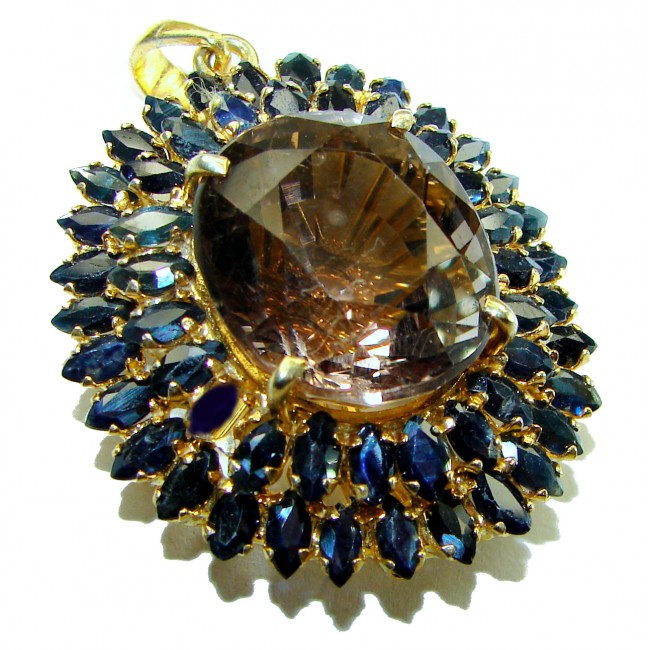 Luxurious 48.5 carat Fancy Smoky Topaz Sapphire 14K Gold over .925 Sterling Silver handmade Large Pendant - photo 3