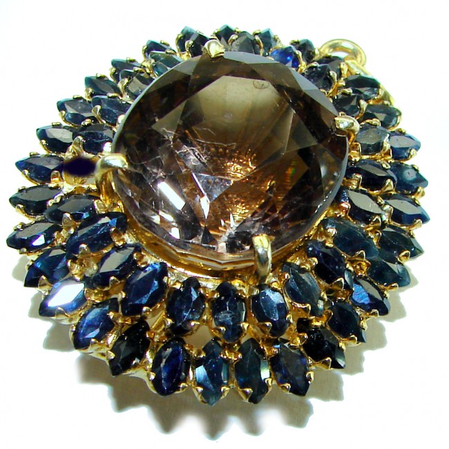 Luxurious 48.5 carat Fancy Smoky Topaz Sapphire 14K Gold over .925 Sterling Silver handmade Large Pendant - photo 2