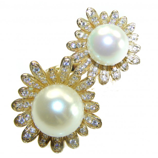 Luxurious 2 Pearls 0.7 carat lab. grown diamonds 18K Gold over .925 Sterling Silver brilliantly handcrafted ring s. 8 1/4 - photo 2