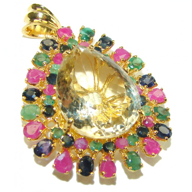 Vintage Design Genuine 28.5 carat Lemon Quartz 14K Gold over .925 Sterling Silver handmade Pendant - photo 4