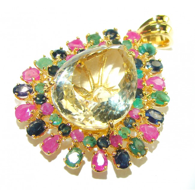 Vintage Design Genuine 28.5 carat Lemon Quartz 14K Gold over .925 Sterling Silver handmade Pendant - photo 3