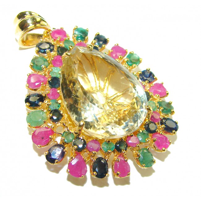 Vintage Design Genuine 28.5 carat Lemon Quartz 14K Gold over .925 Sterling Silver handmade Pendant - photo 2
