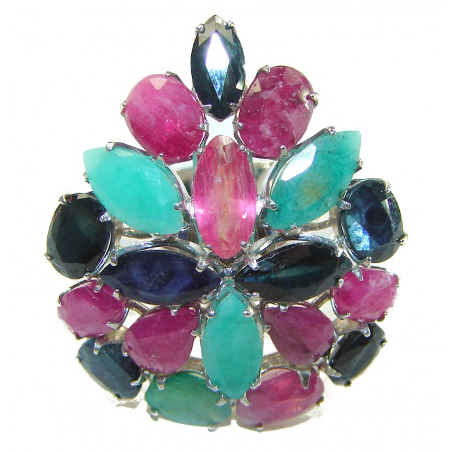 Carmen - Precious Natural 32.5 carat Ruby Emerald Sapphire .925 Sterling Silver handcrafted.925 Silver handcrafted Cocktail Ring s. 8 3/4 - photo 3