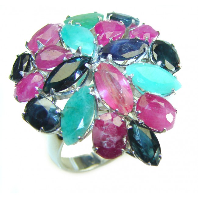 Carmen - Precious Natural 32.5 carat Ruby Emerald Sapphire .925 Sterling Silver handcrafted.925 Silver handcrafted Cocktail Ring s. 8 3/4 - photo 2