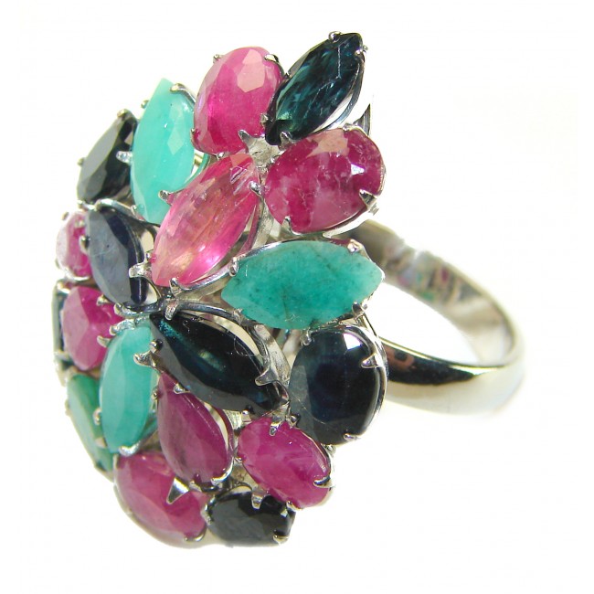Carmen - Precious Natural 32.5 carat Ruby Emerald Sapphire .925 Sterling Silver handcrafted.925 Silver handcrafted Cocktail Ring s. 8 3/4 - photo 1