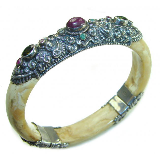 Authentic Buffalo Carved Bone 3.5 carat Ruby Amethyst .925 Sterling Silver handcrafted Bali Bracelet / Cuff