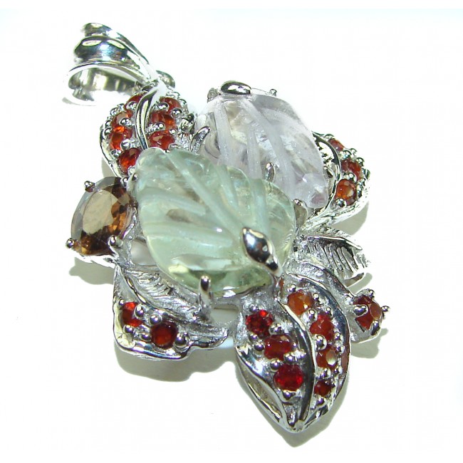 Natural 18.5 carat carved Green Amethyst .925 Sterling Silver handcrafted Pendant - photo 1