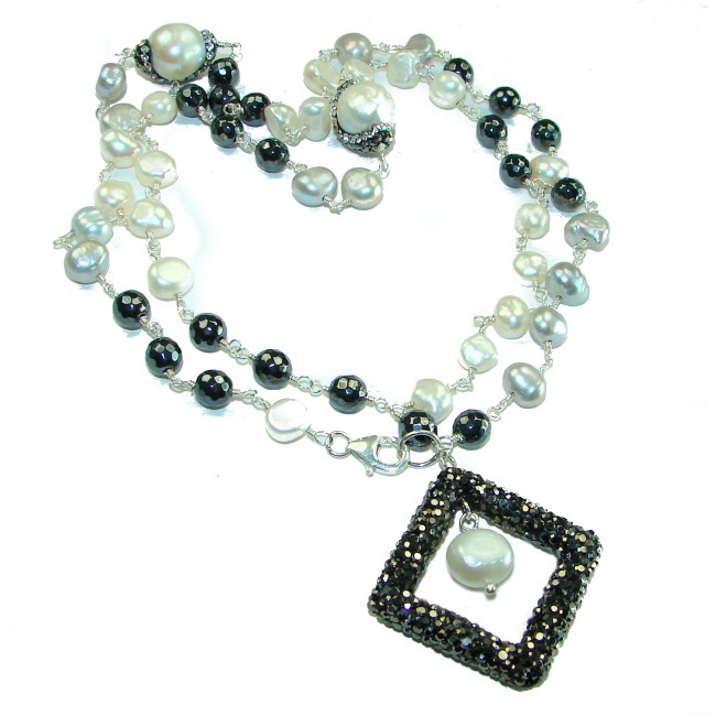 28 inches long Precious genuine Mother of Pearl black Spinel .925 Sterling Silver handcrafted Necklace