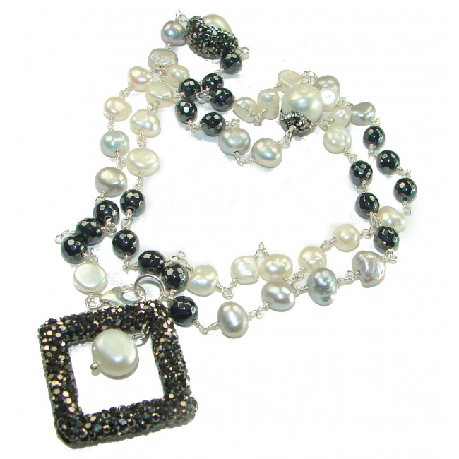 28 inches long Precious genuine Mother of Pearl black Spinel .925 Sterling Silver handcrafted Necklace