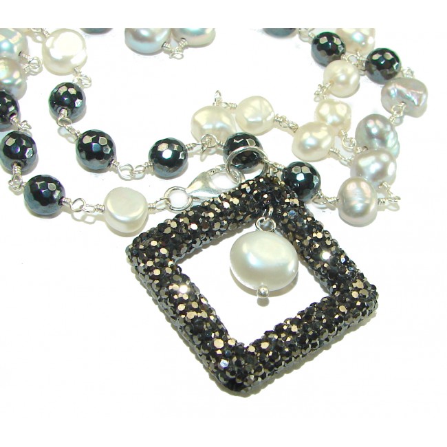 28 inches long Precious genuine Mother of Pearl black Spinel .925 Sterling Silver handcrafted Necklace