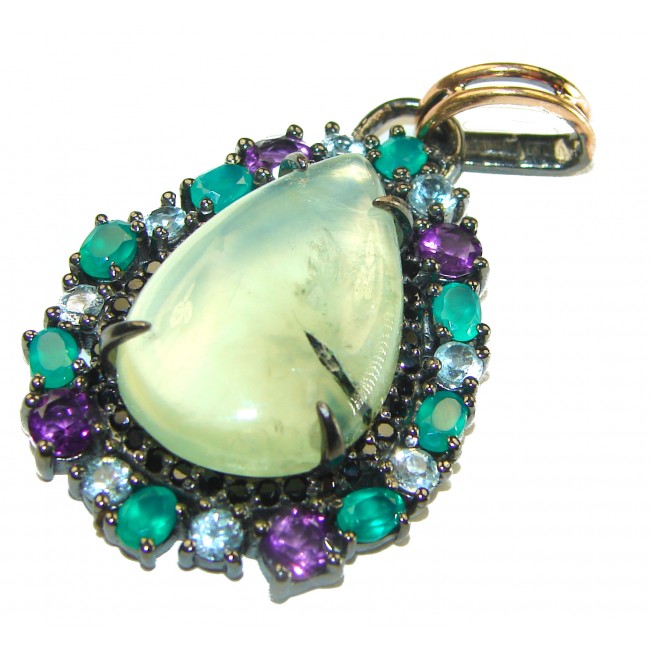 Genuine Prehnite black rhodium over .925 Sterling Silver handcrafted Pendant