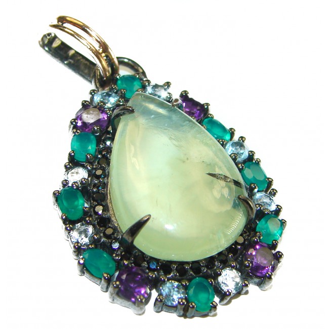 Genuine Prehnite black rhodium over .925 Sterling Silver handcrafted Pendant