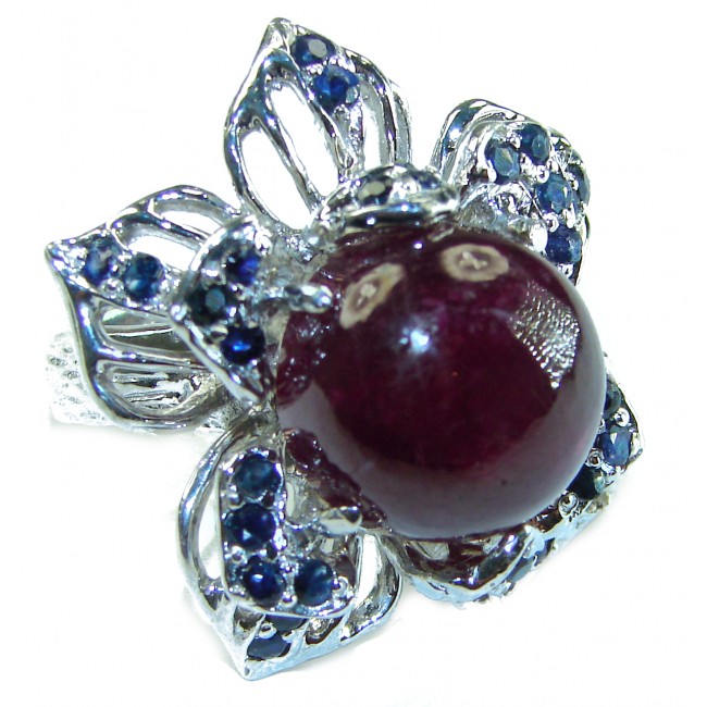 Large Magic Flower Authentic Star Ruby Sapphire .925 Sterling Silver handcrafted ring size 8 - photo 3