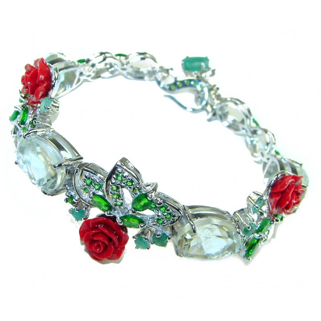 Enchanted Rose Garden Genuine carved Coral .925 Sterling Silver handcrafted Bracelet