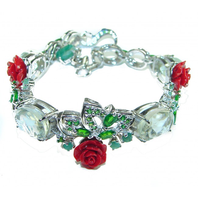 Enchanted Rose Garden Genuine carved Coral .925 Sterling Silver handcrafted Bracelet