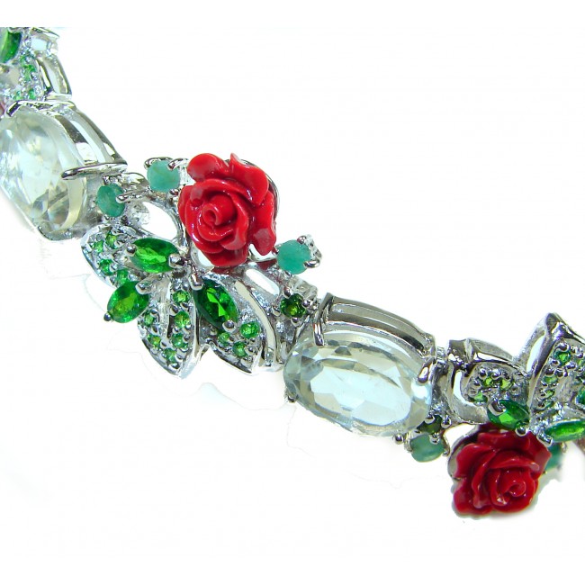 Enchanted Rose Garden Genuine carved Coral .925 Sterling Silver handcrafted Bracelet