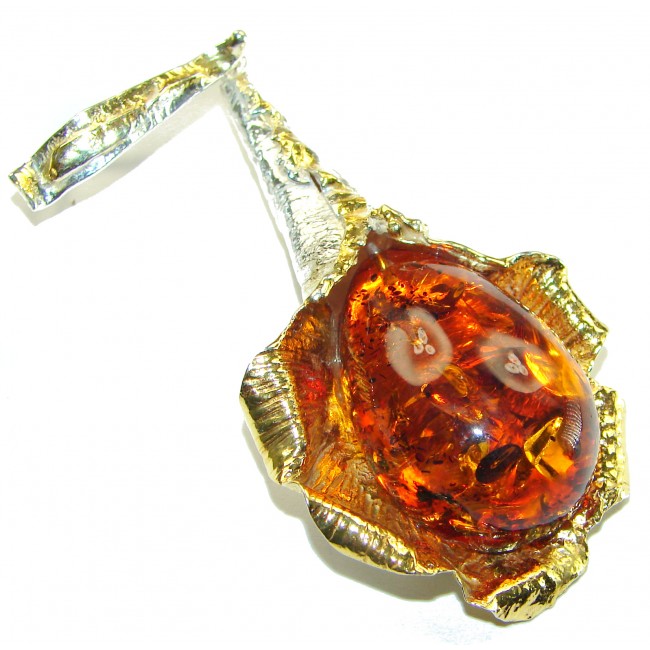 Masterpiece Golden Natural Baltic Amber 14K Gold over .925 Sterling Silver handmade Pendant - photo 1