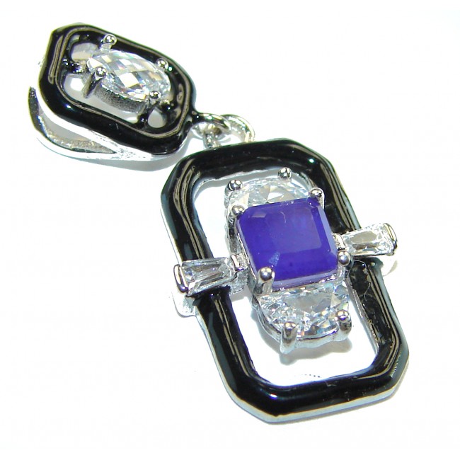 Art Deco 3.2 carat Sapphire black enamel .925 Sterling Silver handcrafted .925 Sterling Silver handcrafted Pendant - photo 3