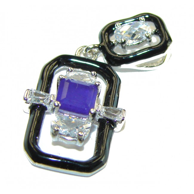 Art Deco 3.2 carat Sapphire black enamel .925 Sterling Silver handcrafted .925 Sterling Silver handcrafted Pendant - photo 2