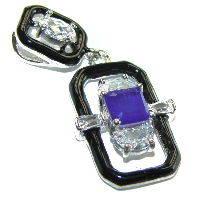 Art Deco 3.2 carat Sapphire black enamel .925 Sterling Silver handcrafted .925 Sterling Silver handcrafted Pendant - photo 1