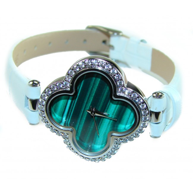 Precious 18.5 carat Authentic Four Leaf Clover Malachite Genuine Leather strap .925 Sterling Silver handmade Watch