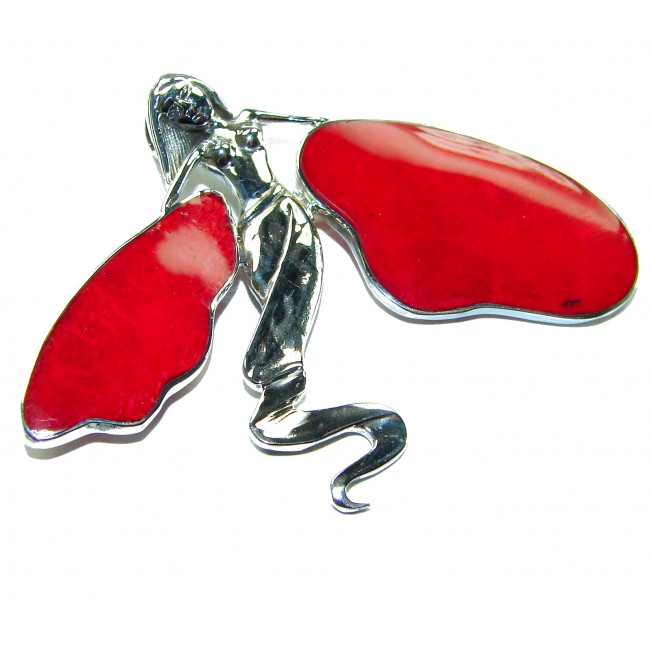 Red Fossilized Coral .925 Sterling Silver pendant brooch