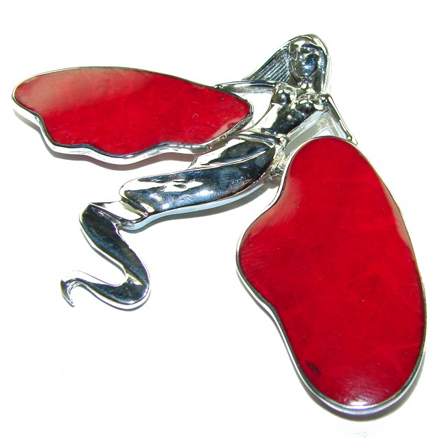 Red Fossilized Coral .925 Sterling Silver pendant brooch