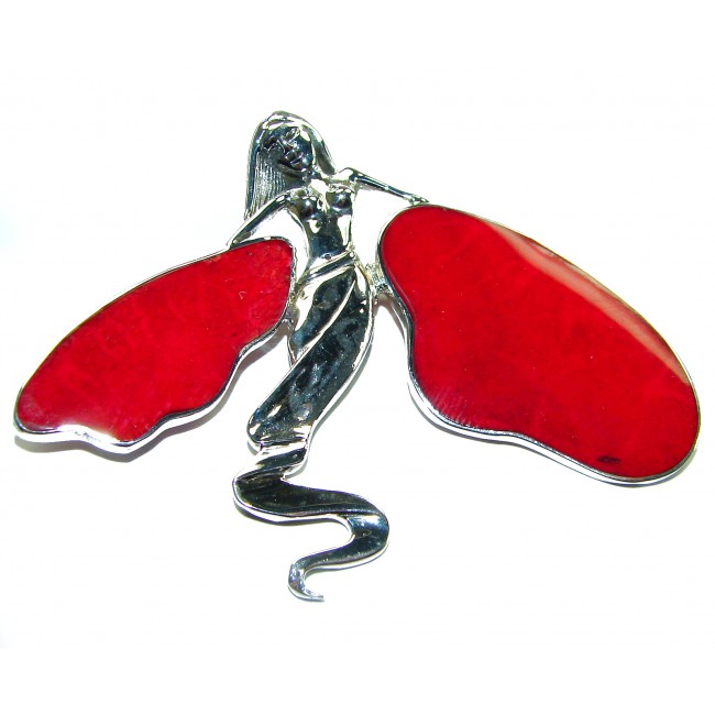 Red Fossilized Coral .925 Sterling Silver pendant brooch