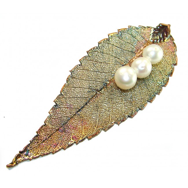 Long! REAL Leaf dipped in Sterling Silver and Gold with Pearls and 14K Gold & .925 Sterling Silver Pendant
