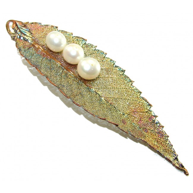 Long! REAL Leaf dipped in Sterling Silver and Gold with Pearls and 14K Gold & .925 Sterling Silver Pendant